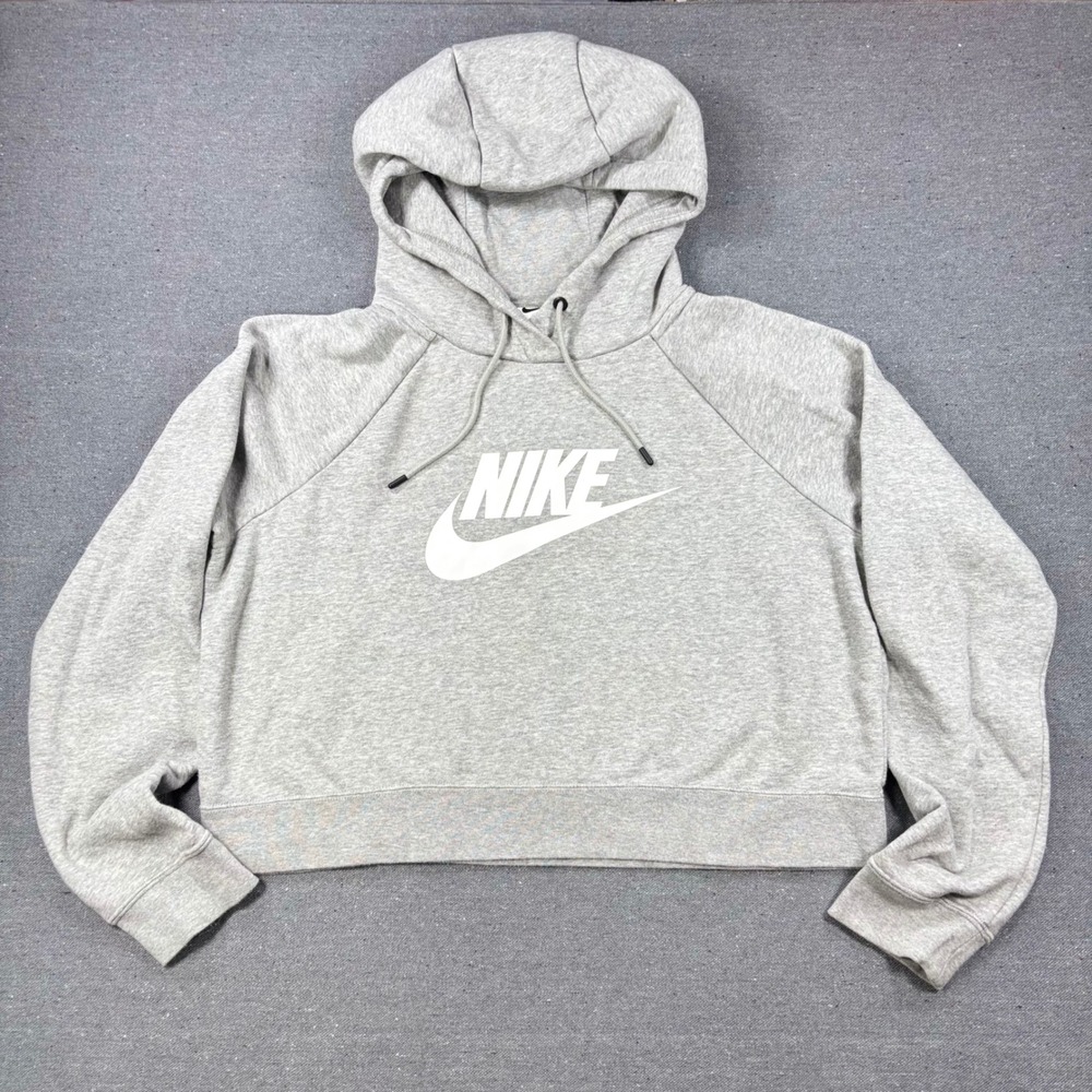 Nike Hoodie Women Large Gray Cropped Fleece Pullover Logo Raglan Sportswear - Picture 1 of 6